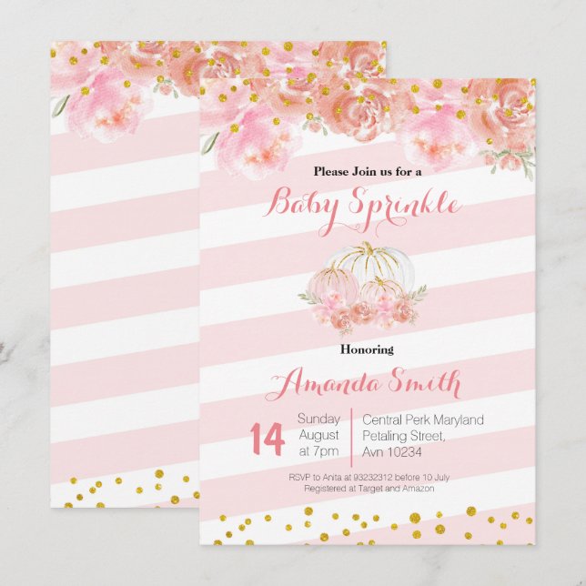 Ro Guld Rosa Pumpkin Baby Sprinkle-inbjudan Inbjudningar (Fram/baksida)