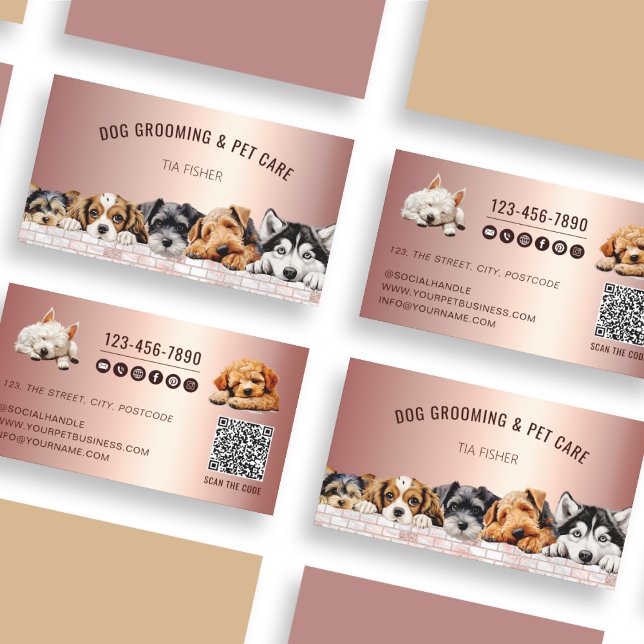 Ro Guld Rosa QR-kod Social Media Hund Grooming Visitkort (Skapare uppladdad)