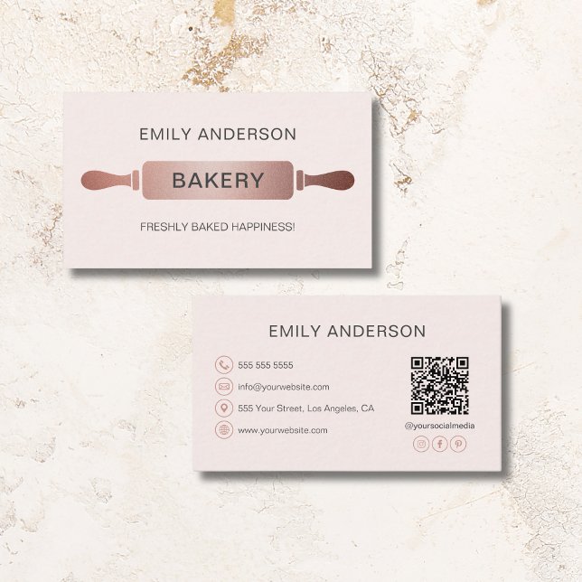 Ro Guld  Rosa Rolling Pin Bakery Visitkort (Rose Gold Blush Pink Rolling Pin Bakery Business Card)
