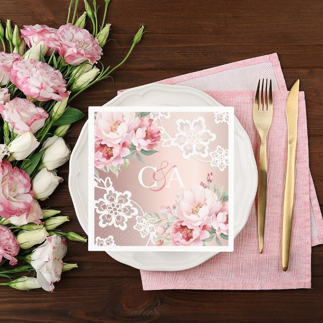 Ro guld rosa ros blommigt monogram bröllop pappersservett (Skapare uppladdad)