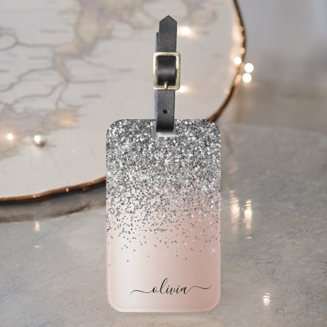 Ro Guld -  Rosa Silver Glitter Monogram Bagagebricka (Skapare uppladdad)