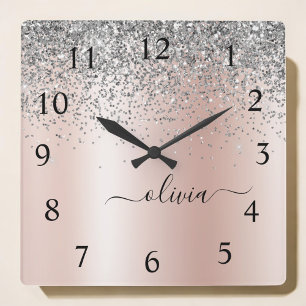 Ro Guld -  Rosa Silver Glitter Monogram Fyrkantig Klocka