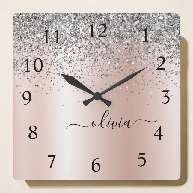 Ro Guld -  Rosa Silver Glitter Monogram Fyrkantig Klocka (Skapare uppladdad)