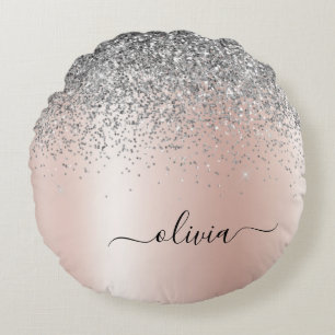 Ro Guld -  Rosa Silver Glitter Monogram Rund Kudde