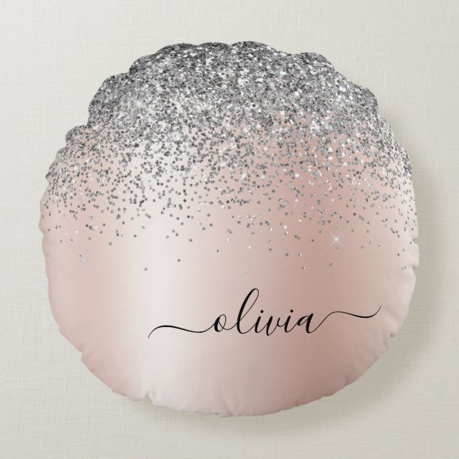 Ro Guld -  Rosa Silver Glitter Monogram Rund Kudde (Framsidan)