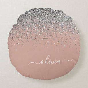 Ro Guld Rosa Silver Glitter Monogram Rund Kudde