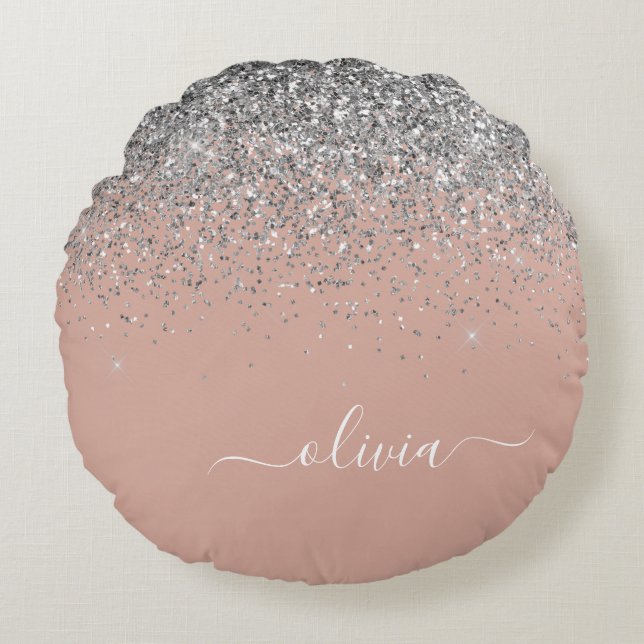 Ro Guld  Rosa Silver Glitter Monogram Rund Kudde (Framsidan)