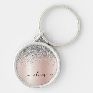 Ro Guld -  Rosa Silver Glitter Monogram Rund Silverfärgad Nyckelring