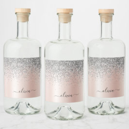 Ro Guld - Rosa Silver Glitter Monogram Spritflaskor Etikett