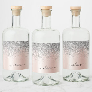 Ro Guld - Rosa Silver Glitter Monogram Spritflaskor Etikett