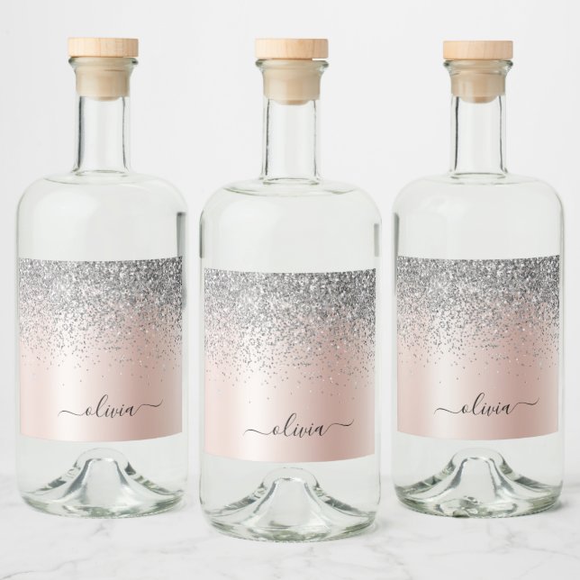 Ro Guld -  Rosa Silver Glitter Monogram Spritflaskor Etikett (Flaskor)