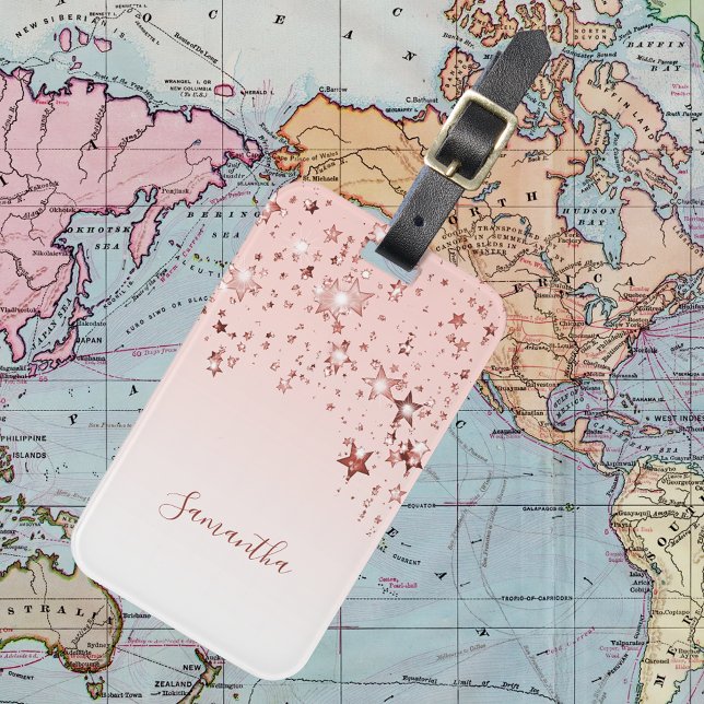 Ro guld  rosa stjärnor, monogramskript bagagebricka (Skapare uppladdad)