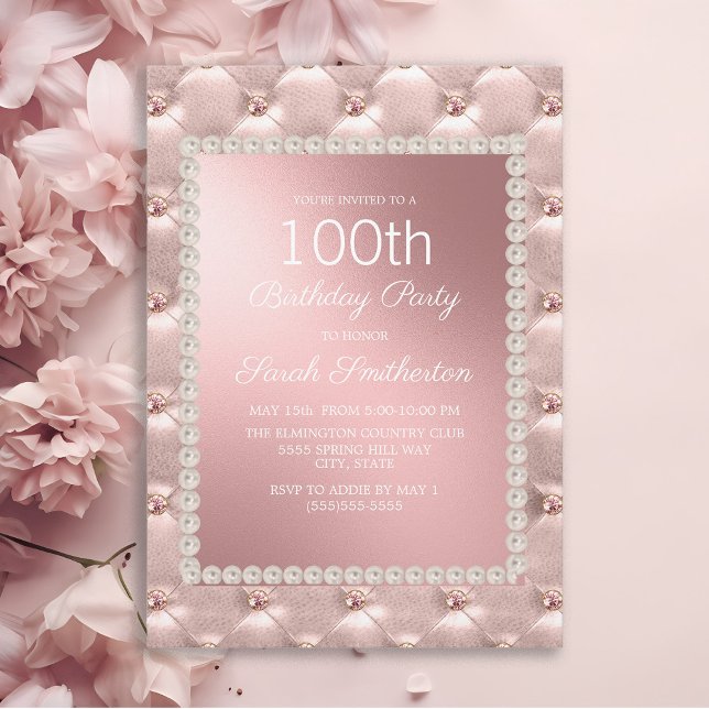 Ro Guld  Rosa Vit 100:e Födelsedagsfesten Inbjudningar (Elegant pink tufted women's 100th birthday party invitation)