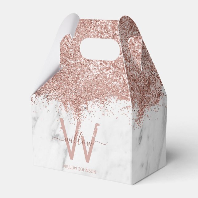 Ro Guld Rosa White Marble Glitter Dust Monogram Presentaskar (Framsidan Sidan)