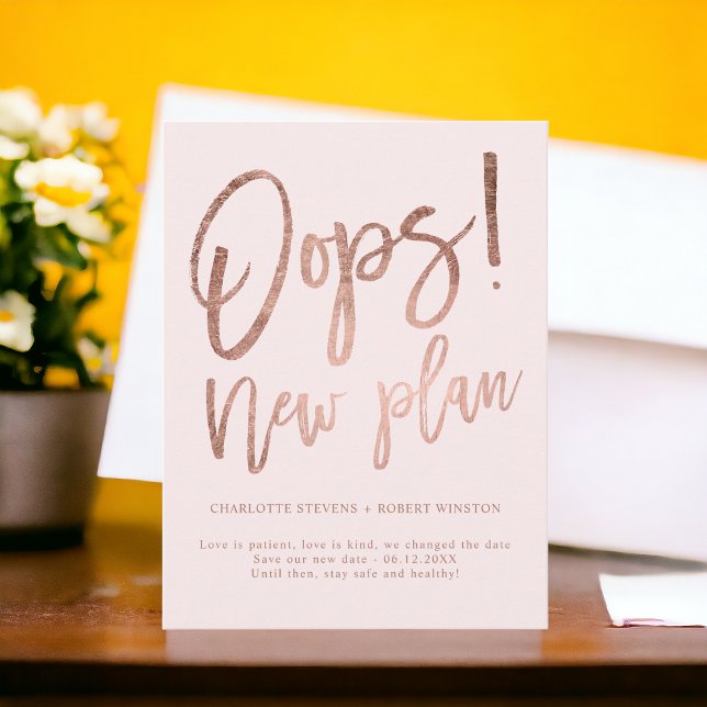 Ro guld rosans nya plan bröllop ändrar datum meddelande vykort (Rose gold pink new plan wedding change the date announcement postcard)