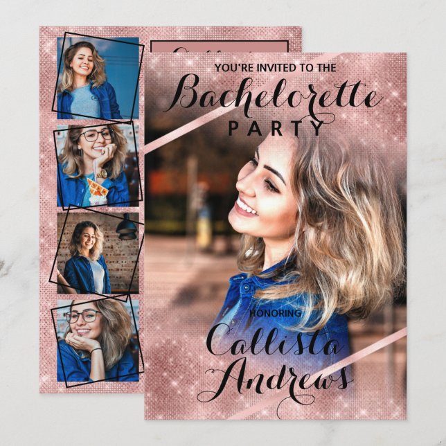 Ro-Guld-säquin hörner Foto Bachelorette Inbjudningar (Fram/baksida)