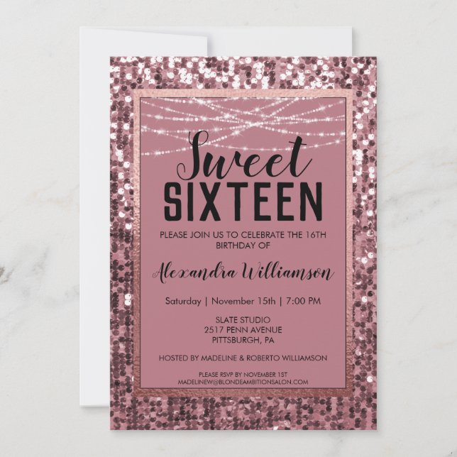 Ro Guld Sequin/Glitter Sweet 16 Födelsedagsfest Inbjudningar (Framsida)