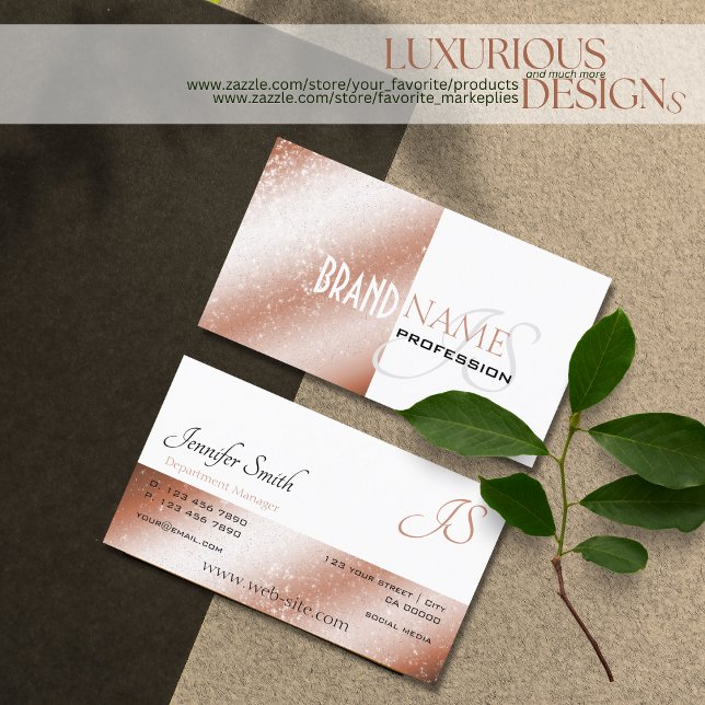 Ro Guld Shimmer White Glitter Stars och Monogram Visitkort (Skapare uppladdad)