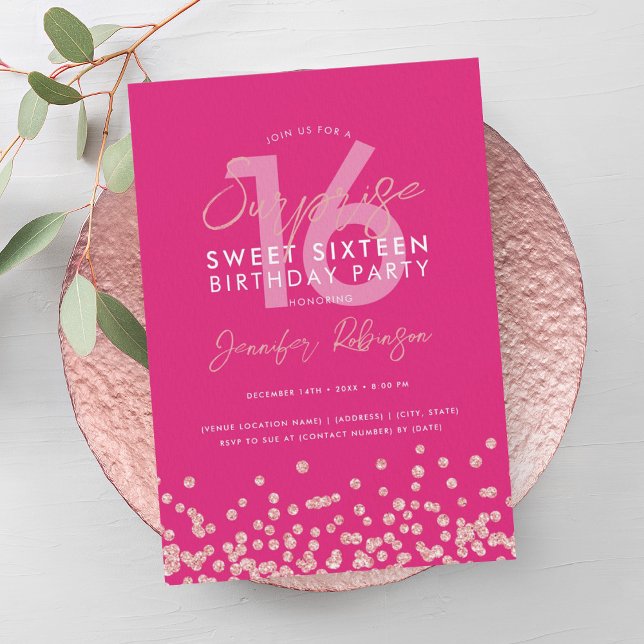 Ro Guld Shock rosa Glitter Surprise Sweet 16 Inbjudningar (Rose Gold Hot Pink Glitter Surprise Sweet 16 Invitation)
