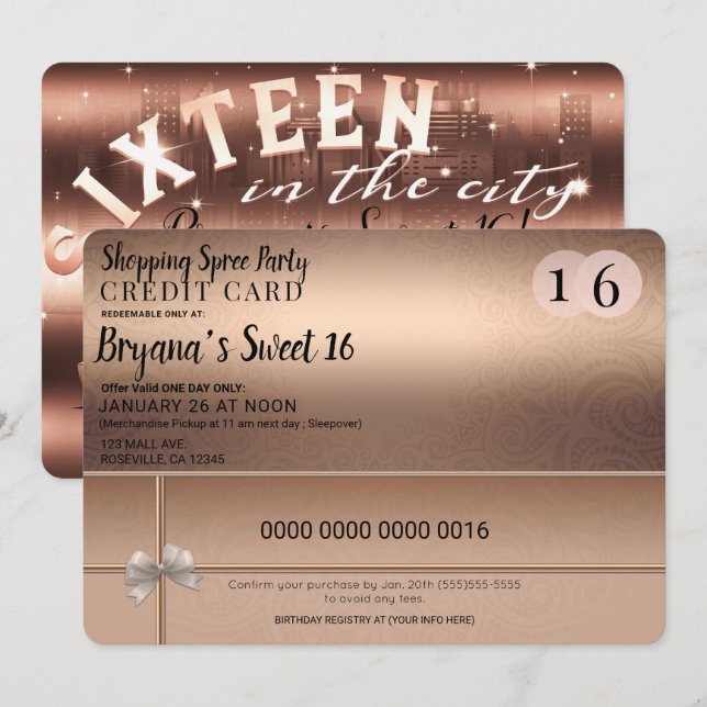 Ro Guld Shopping Spree City Limo Sweet 16 Party Inbjudningar (Fram/baksida)