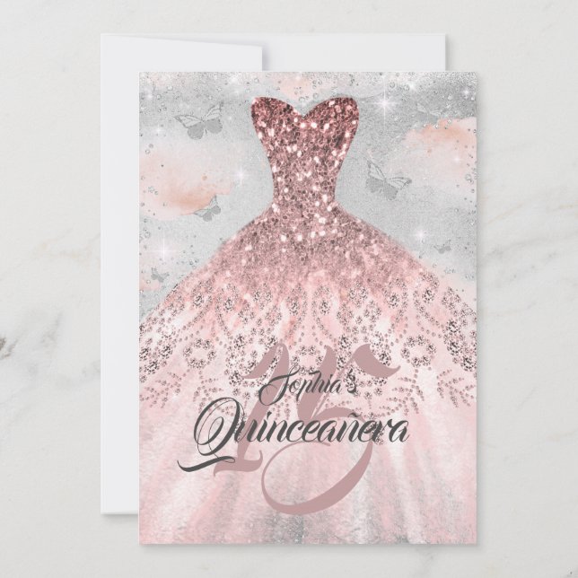 Ro Guld Silver Butterfly Dress Quinceanera Inbjudningar (Baksida)