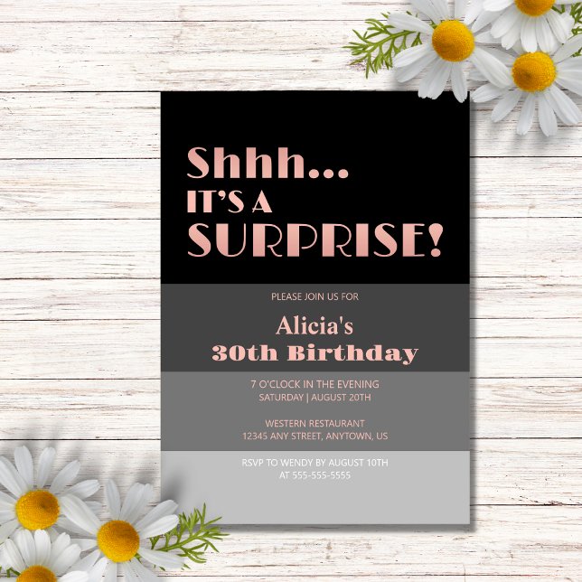 Ro Guld skript Black Rand Surprise Birthday Inbjudningar (Skapare uppladdad)