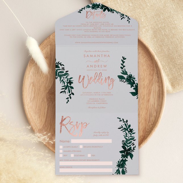 Ro guld-skript Blommigt grått elegant bröllop (Skapare uppladdad)