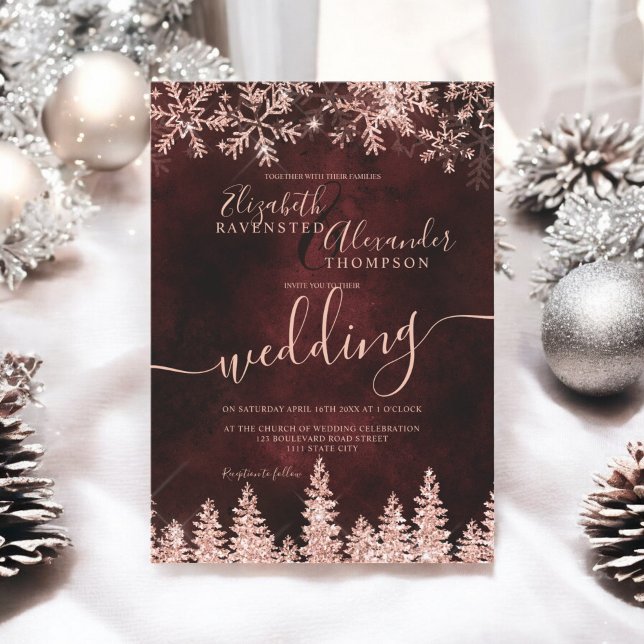 Ro guld snö gräs - vinterhögvörsbröllop i jul inbjudningar (Rose gold snow pine red Christmas winter wedding Invitation)