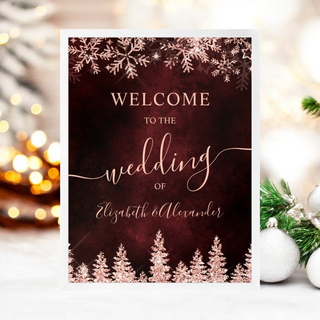Ro guld snö gräs - vinterhögvörsbröllop i jul poster (Rose gold snow pine red Christmas winter wedding Poster)