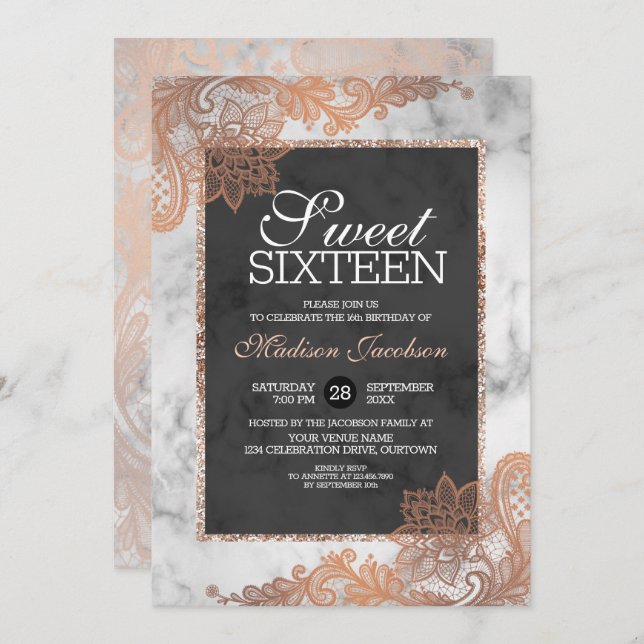 Ro Guld Snöre och Marble Sweet sixteen Party Inbjudningar (Fram/baksida)