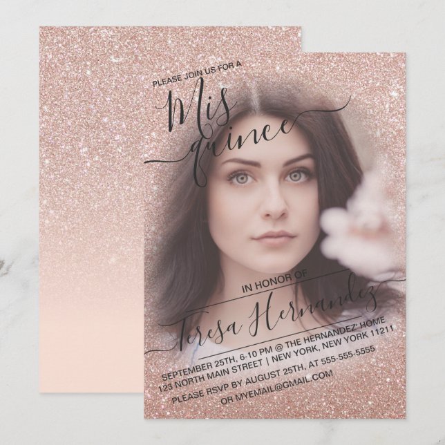 Ro Guld Sparkly Glitter Ombre Photo Quinceañera Inbjudningar (Fram/baksida)