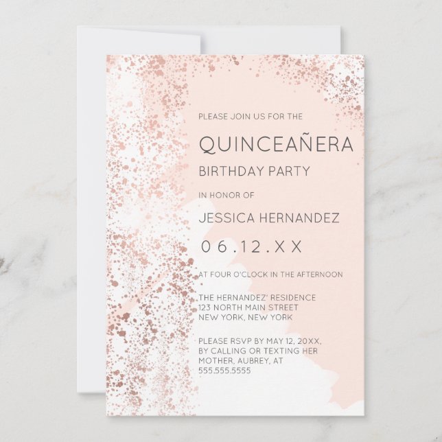  Ro Guld Splatter Brushstroke Quinceañera Inbjudningar (Framsida)