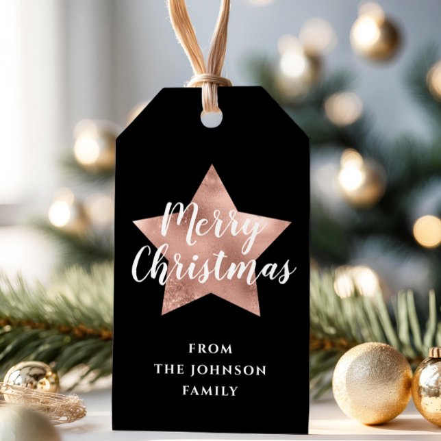 Ro Guld Star Black God jul Presentetikett (Rose Gold Star Black Merry Christmas Gift Tags)