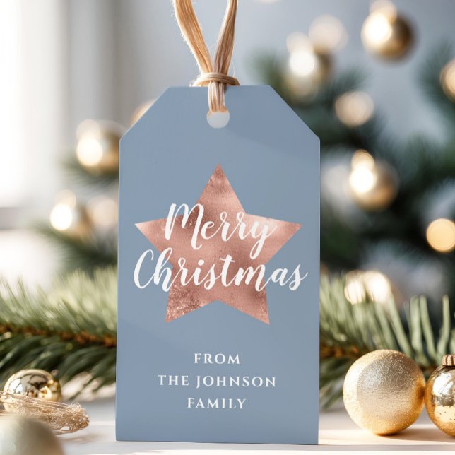 Ro Guld Star Dusty Blue God jul Presentetikett (Rose Gold Star Dusty Blue Merry Christmas Gift Tags)
