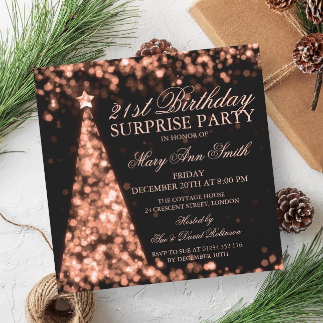 Ro Guld Surprise 21:a födelsedagsjulen Ljus Inbjudningar (Rose Gold Surprise 21st Birthday Christmas Lights Invitation)