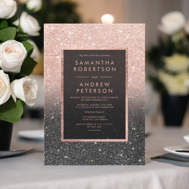 Ro guld svart glitter ram om bröllop inbjudningar (Rose gold black glitter frame ombre wedding invitation)