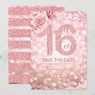 Ro Guld Sweet 16 Birthday Glitter Ljus Blommigt Inbjudningar