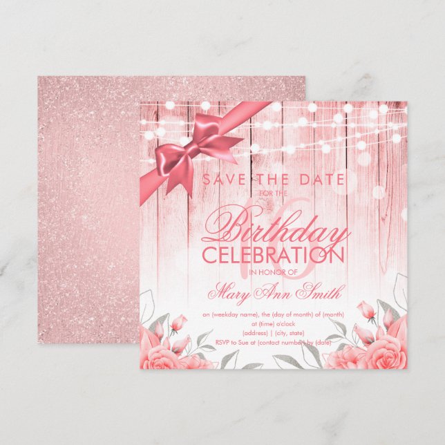 Ro Guld Sweet 16 Elegant Flowers & Glitter Inbjudningar (Fram/baksida)