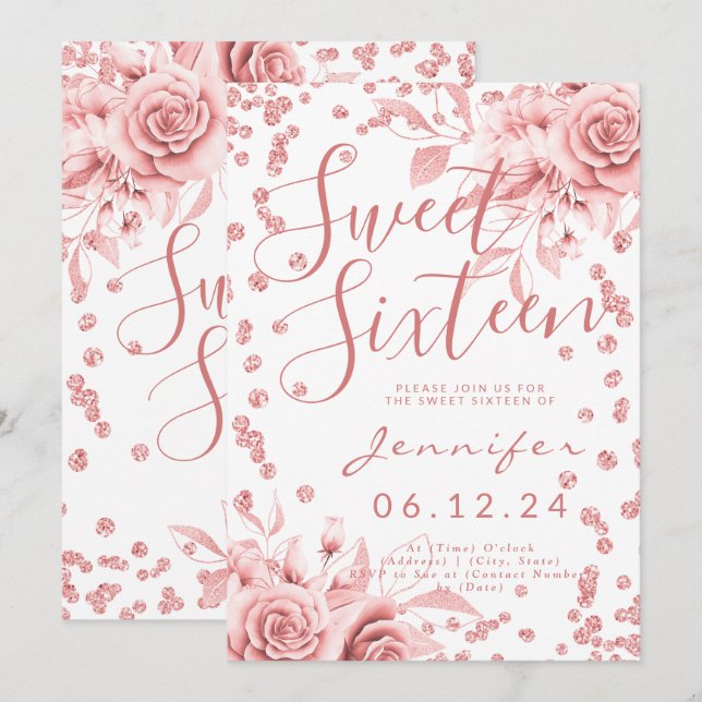 Ro Guld Sweet 16 Glitter confetti-Blommigt Inbjudningar (Fram/baksida)