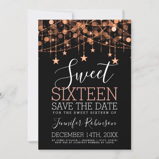 Ro Guld Sweet 16 Sparkly String Ljus Spara Date Datumet (Framsida)