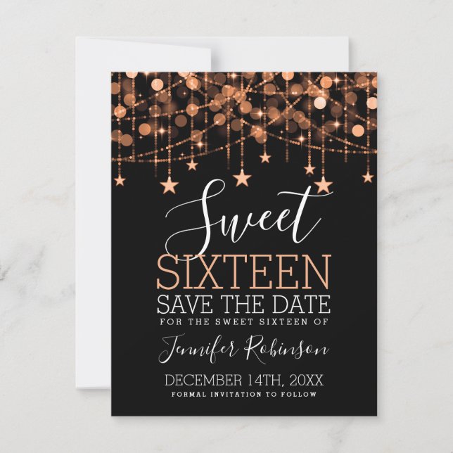 Ro Guld Sweet 16 Sparkly String Ljus Spara Date Datumet (Framsida)
