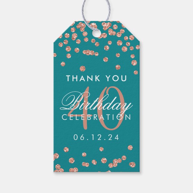 Ro Guld Teal 40:e födelsedagskonfetti Tack Presentetikett (Framsidan)