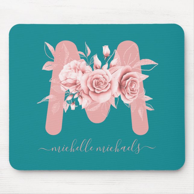 Ro Guld Teal Blommigt Watercolor Monogram Musmatta (Framsidan)