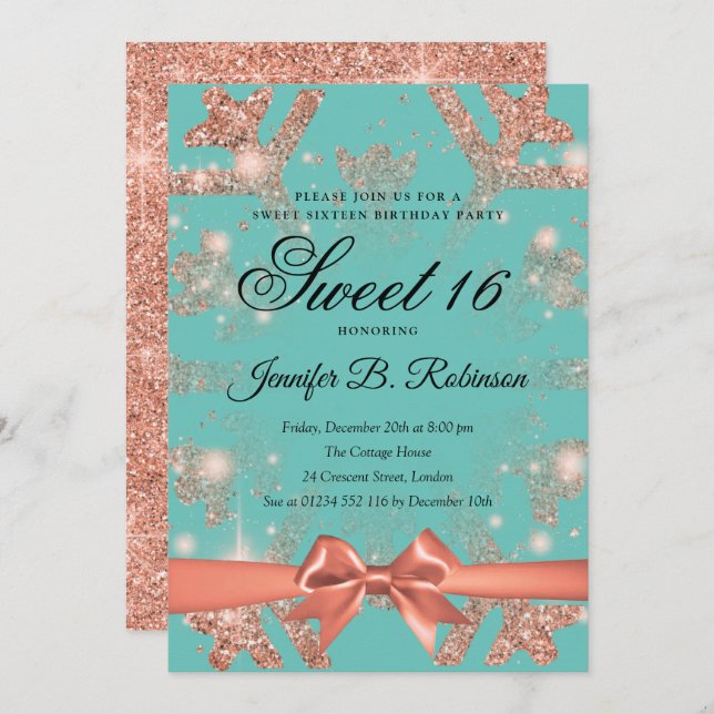Ro Guld Teal Glitter & Ribbon Winter Sweet 16 Inbjudningar (Fram/baksida)
