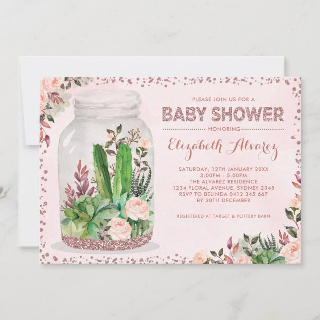 Ro Guld Terrarium Baby Shower Cactus Rosa Blommigt Inbjudningar (Framsida)