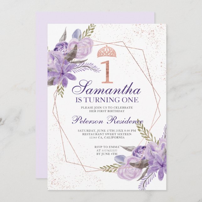 Ro guld tiara blommigt vattenfärg 1:a födelsedag inbjudningar (Fram/baksida)