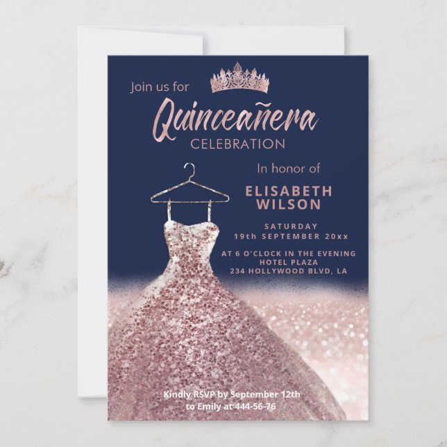 Ro guld tiara sekvins dress Quinceañera navy Inbjudningar (Framsida)