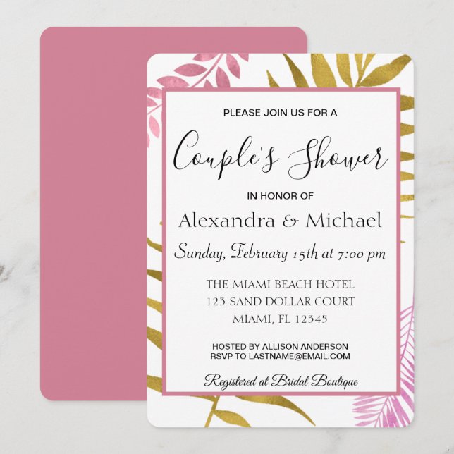 Ro Guld Tropical Blommigt Couples Shower Inbjudningar (Fram/baksida)