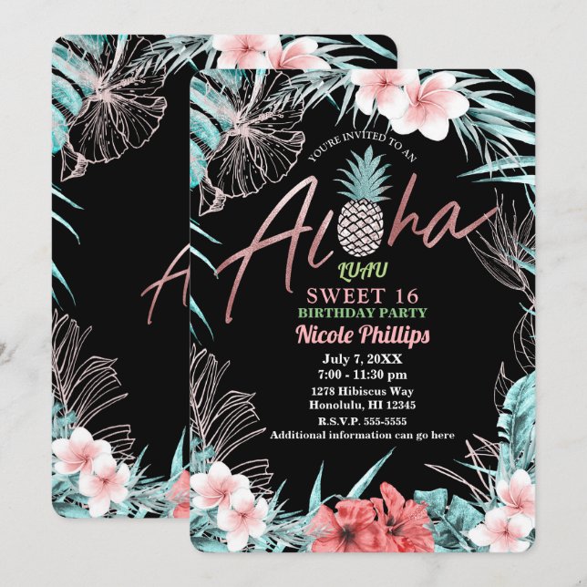 Ro Guld Tropical Pineapple Aloha Luau Sweet 16 Inbjudningar (Fram/baksida)