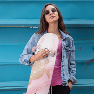 Ro Guld Turtle Rosa Marble Bläck  Mini Skateboard Bräda 18,5 Cm